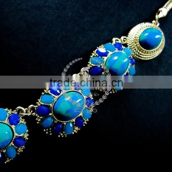 Vintage Blue Stone Arcylic Antiqued Gold Oval Charm Fashion Chic Women Statement Necklace Jewelry 2013 6390016 photo-3