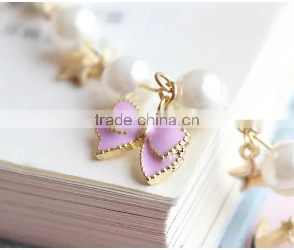 Gold Cat Moon Star Enamel Bowknot Heart Shape Key Charms Bracelet Pearl Bead Linked Bracelet photo-5