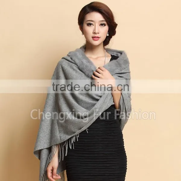CX-B-P-41D Fur Trim Decora Fashion Women Plain Pashmina Shawl With Fur photo-6