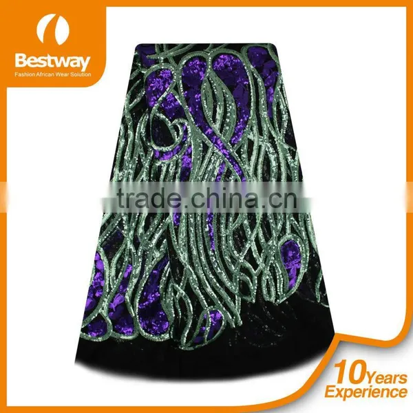 Bestwaytex FL0049 In Royal Blue Color French Cord Lace Silk Chiffon Fabric With Shiny Sequins photo-2