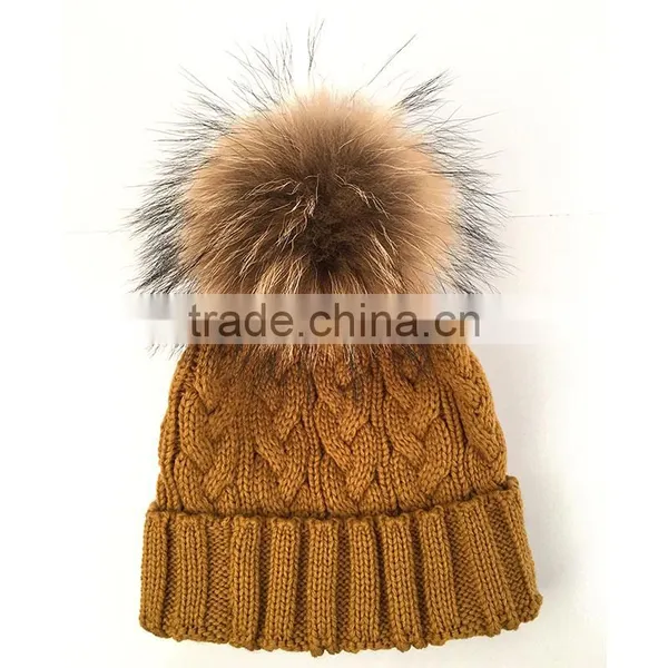 Myfur Caramel Wool Winter Knit Hat With Raccoon Fur Pom Poms photo-2