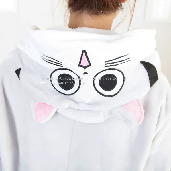 Chi's Sweet Cat Cartoon Flannel Conjoined Polyester Couple Pajamas photo-3