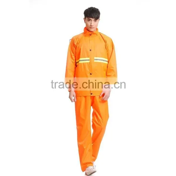 190T Orange Adults Polyester Raincoat/rain Suit With Reflective Strips photo-2