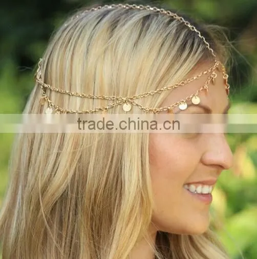 2016 Hot Fashion BOHO Style Gold Small Coins Hair Jewelry Wedding Head Chain photo-2