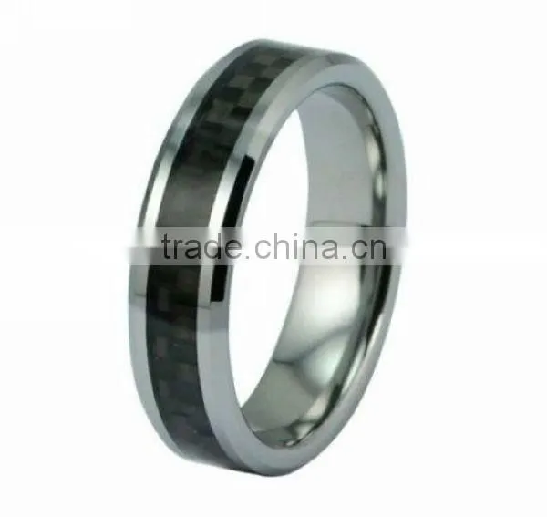 Tungsten Jewelry, High Polished Black Tungsten Ring With Fiber Carbon