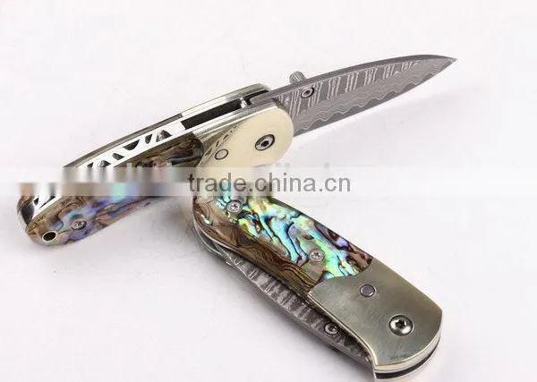 OEM Damascus Small Abalone Pure Copper Folding Knife photo-3