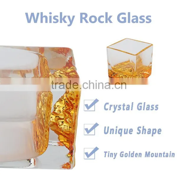 New Designed Crystal Square Shaped Whiskey Glassware Gold Tumbler Glass