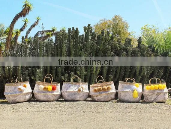Pompom Beach Bag/Pompom Bag, White Zigzag Belly Basket With Pompom photo-4