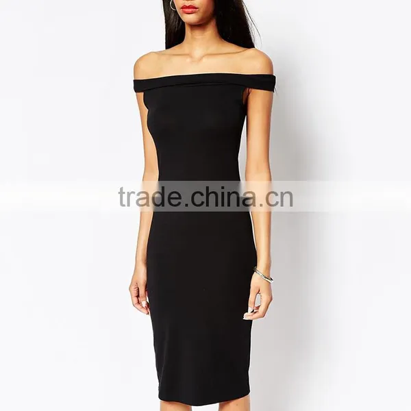 Bardot Midi Bodycon Dress One Piece Dress Pattern in Black photo-4