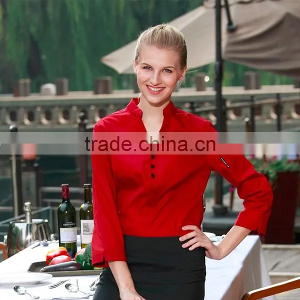 OEM&ODM Female Waitress Blouse Unisex Waiter Shirt Solid Color Restaurant Hotel Uniforms photo-2