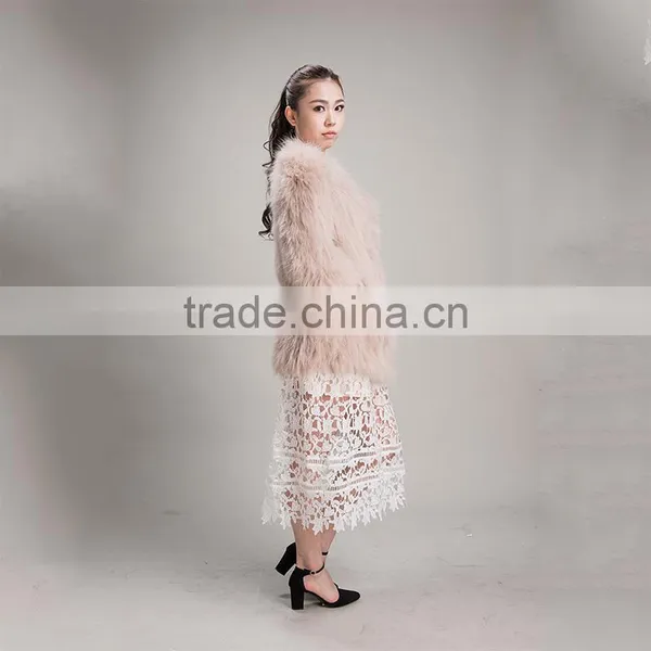 Myfur 2016 European Style Winter Beige Raccoon Fur Collar Woolen Raccoon Fur Extra Long Coat photo-5