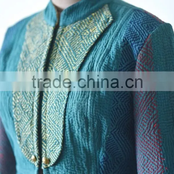 Vintage Kantha Jacket in Viridian Green With Embroidery ~ Extra Large photo-4