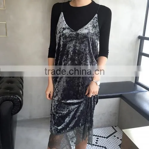Velour Slip Mid-calf Lace Patchwork Ladies Spring Summer Dresses photo-2