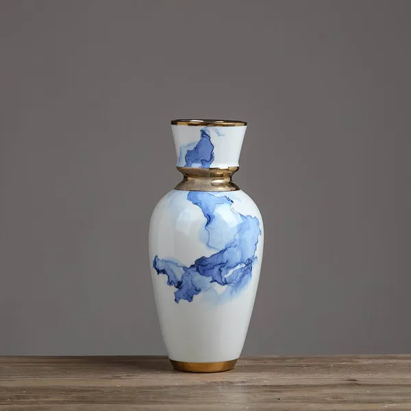 Light Luxury Nordic Applique Electroplate White Blue Large Ceramic Vase For Hallway photo-3