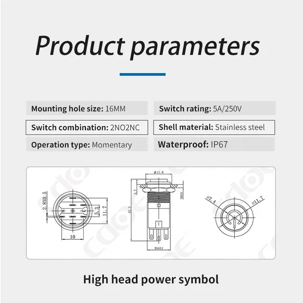 Ip67 16mm High Head Power Symbol Illuminate 12v 24v 2no2nc Momentary Pushbutton Switch photo-3