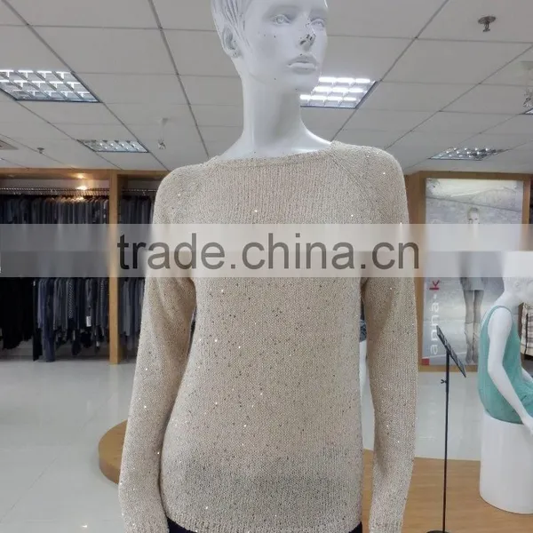 High Quality Fake 2 Piece Set Sequin Yarn Crew Neck Long Sleeve Sweater Back Panel Chiffon