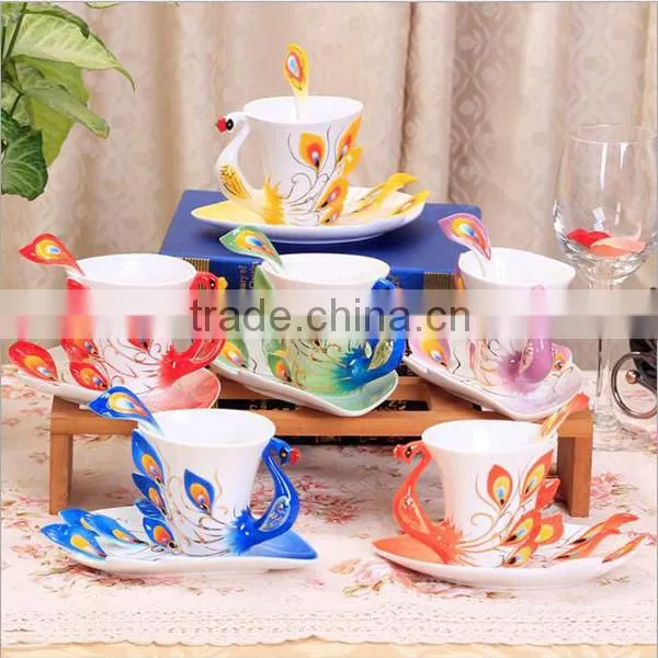 Best Selling Ceramic Peacock Coffee Cup and Saucer Set