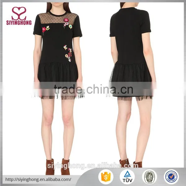 Round Neck Short Sleeves Slips on Layered Lace Panel at Hem Cute Dress Sequin-embroidered Cotton Mini Dress