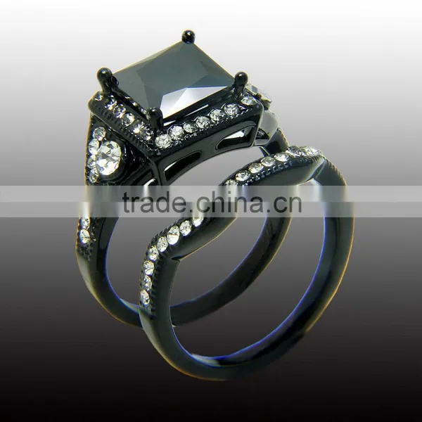 European Ring Design Three Stone Ring Black Zircon Adjustable Combination Double Rings For Unisex photo-2
