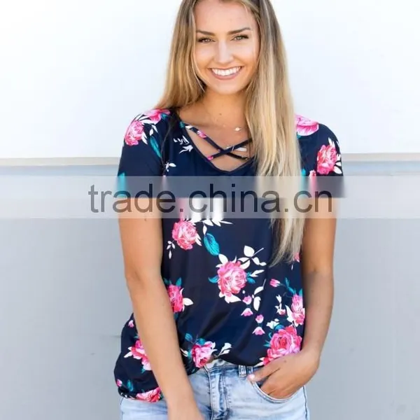 Customize t Shirt Cheap Criss Cross Fancy Floral Tunic Tops photo-4