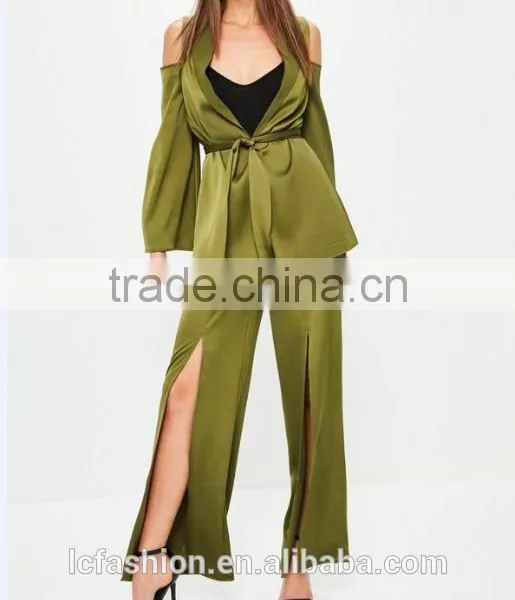 Picture of Office Ladies Cold Shoulder Tie Waist Satin Blazer Green Two Piece Sets for Office Ladies photo-2