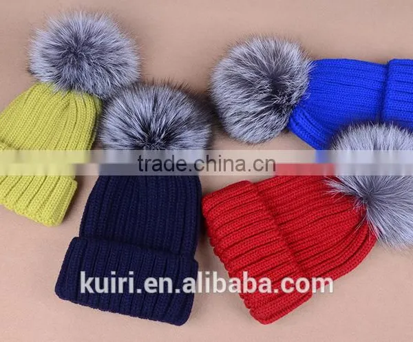 Hot Selling Beanie Hat With Snap and Big Size Silver Fox Fur Ball on Top photo-6