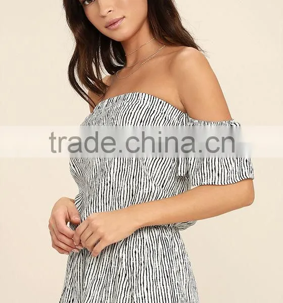Summer off Shoulder Black and White Stripe Romper Women for Wholesale photo-3