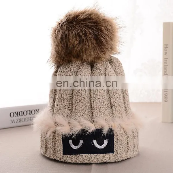 Crochet Stripped Hats Cute Eyes Raccoon/fox Fur Pom Pom Hats photo-2