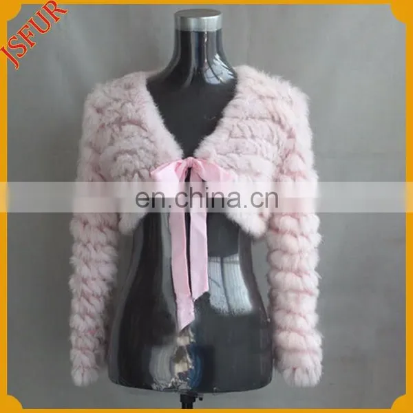 Real Rabbit Fur Knit Jacket Ribbon Bowknot Trim V-nick Long Sleeve Knitted Rabbit Fur Shawl and Cape photo-4