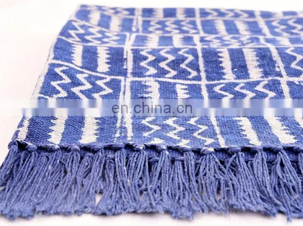 Home Decor Indigo Blue Print Rug Woven Cotton Carpet Bohemian Floor Mat Dari 3X5 photo-2
