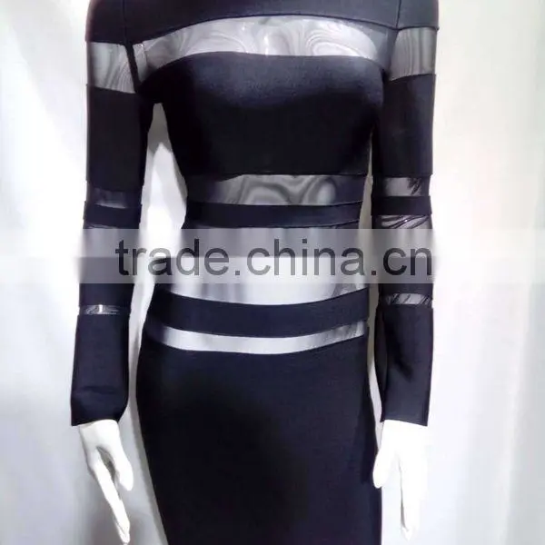 Summer Dress Wholesale 2015 New Black Long Sleeve Mesh Sey Bodycon Celebrity Party Pencil Women Bandage Dress Bandage Bodycon Wo