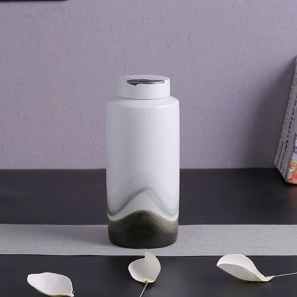 Trapezoid Cylinder White Green Ink Color Cover Small Ceramic Vase, Office Home Furnishing photo-2