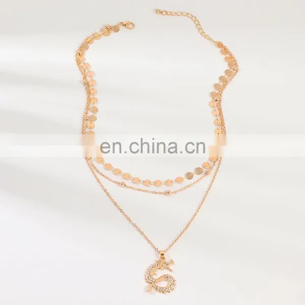 Vintage Chinese Style Zodiac, Animal Purple Crystal Rhinestone Dragon Snake Rose Coin Pendant Multilayer Necklace Earring/ photo-4