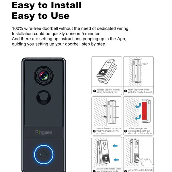 Ringsee Night Vision Wifi Video Doorbell Low Power 2 Way Intercom Smart Door Bell Camera Wireless Doorbell Chime photo-4