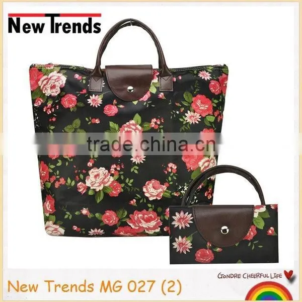 Black combo flora printing dumplings bag shoulder bag folding bag beach bag