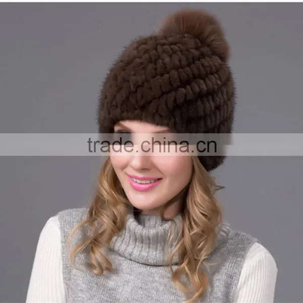 Winter Rabbit Fur Pompom Hat Brown Women Mink Fur Hat Knitted Mink Hat photo-4