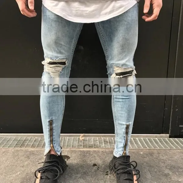 Hotsale High Quanlity New Style Jeans Pent Men Blue Distressed Leather Biker Jeans With Zipper for Men Wholesale China photo-4
