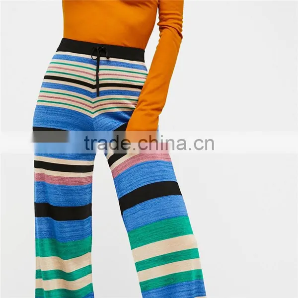 2017 OEM Womens Baggy Long Trousers Striped Knit Flare Pants photo-4