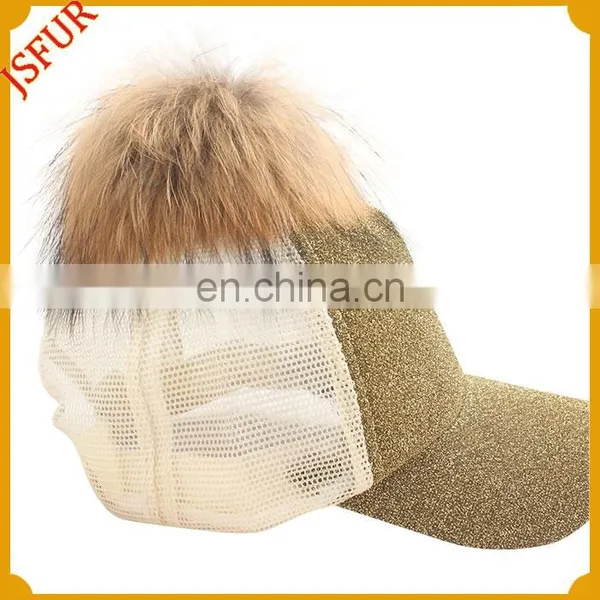 Fashionable Bling Bling Gold With Real Raccoon Fur Ball Baseball Hat