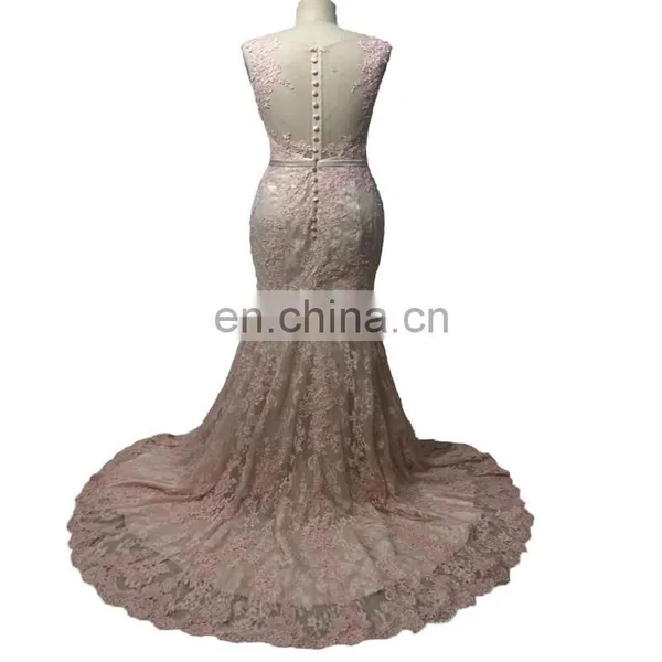 Custom Made Pink Exquisite Sleeveless V Neck Buttons Sweep Train Backless Ruffle Lace Zipper Peplum Women Prom Dress photo-2