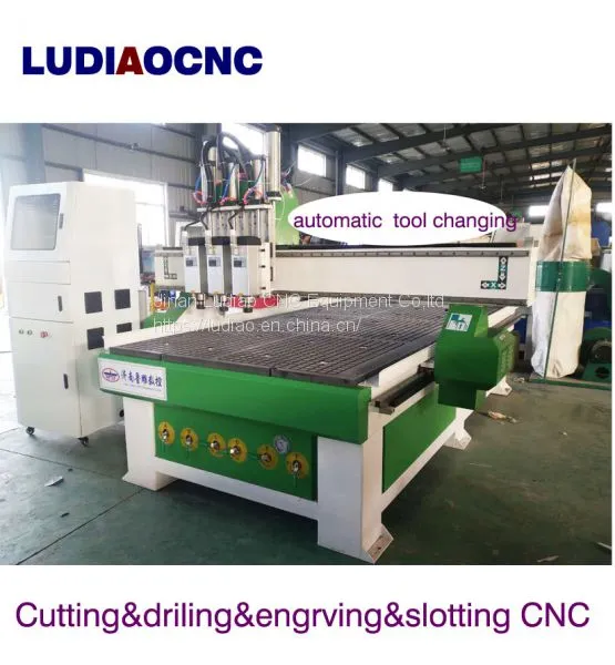 Wood Kitchen Cabinet Door Making Three Process CNC Router 1325 Automatic Tool Changing CNC Router With Three Spindle photo-2