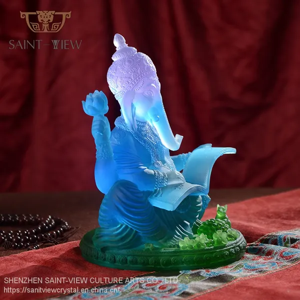 Luxury Pate de Verre Handmade Colored Crystal Ganesha Buddha Statue photo-2