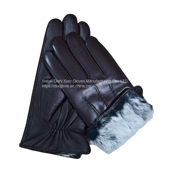 Custom Men Black Winter Warm Leather Gloves Fashion Sheepskin Leather Gloves With Rabbit Fur Lining photo-3