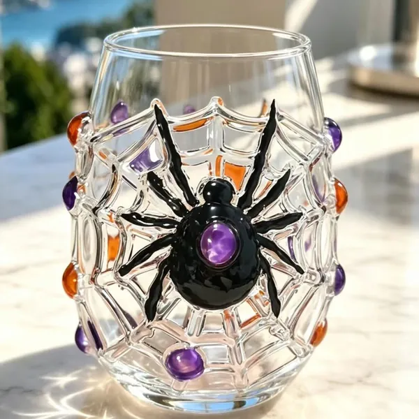 Halloween 3D Hand‑Sculpted Glass Cup, Ghost Bat Spider Black Cat Design, Decorative Drinking Glass for Holiday Gift & Home Decoration photo-3