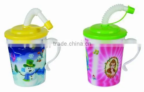 350ml Lenticular Plastic Cup With Handle and Straw for Kids