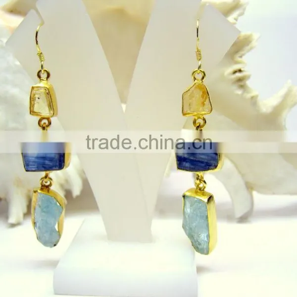 Aquamarine Citrine & Kyanite Rough Gemstones Earrings, 925 Solid Sterling Silver Earrings, Designer Vermeil Dangle Earrings photo-2