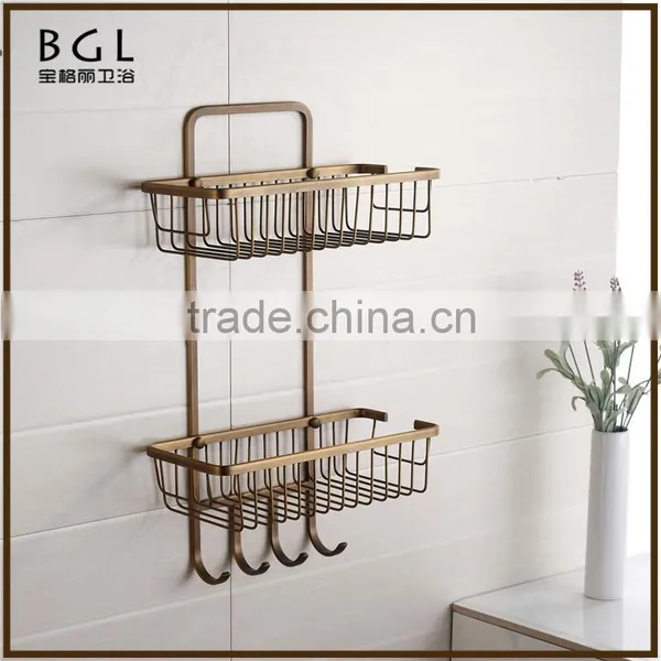 Simpe-style Brass Antique Bronze Plating With Hook Wall Mounted Bathroom Accessories Double Corner Basket photo-2