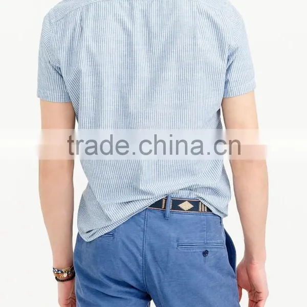 2015 Classic Fit Short Sleeve Stand Collar Shirt in Deep Cove Stripe Classic Design Hot Sell Custom Striped Shirt photo-3
