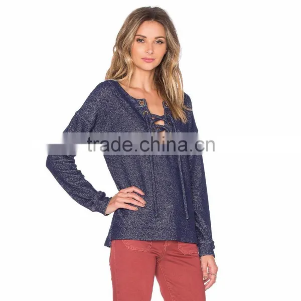 Long Sleeve Women Lace Up Fashion Jean Shirt photo-2