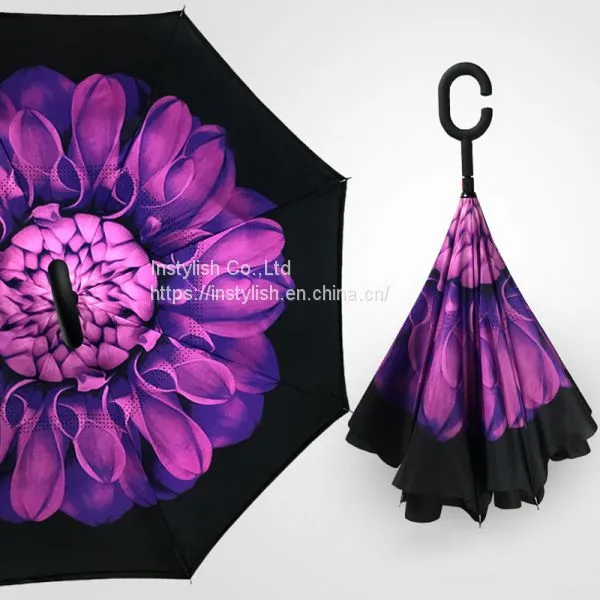 Factory Wholesale High Quality Logo Printed Inside Out Inverted Reversible Umbrella for Car photo-3